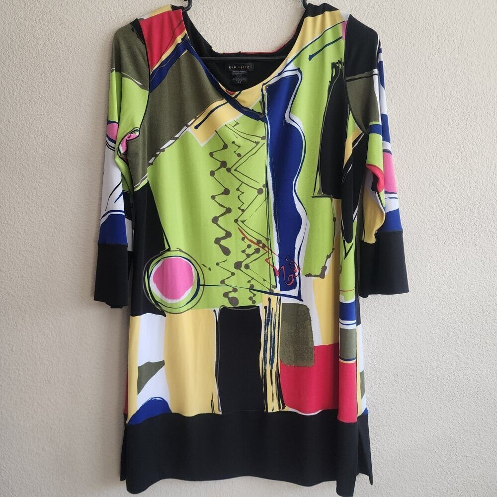 Eva Varro Dress Womens Medium Abstract Multicolor Art Tunic 3/4 Sleeve Made USA
